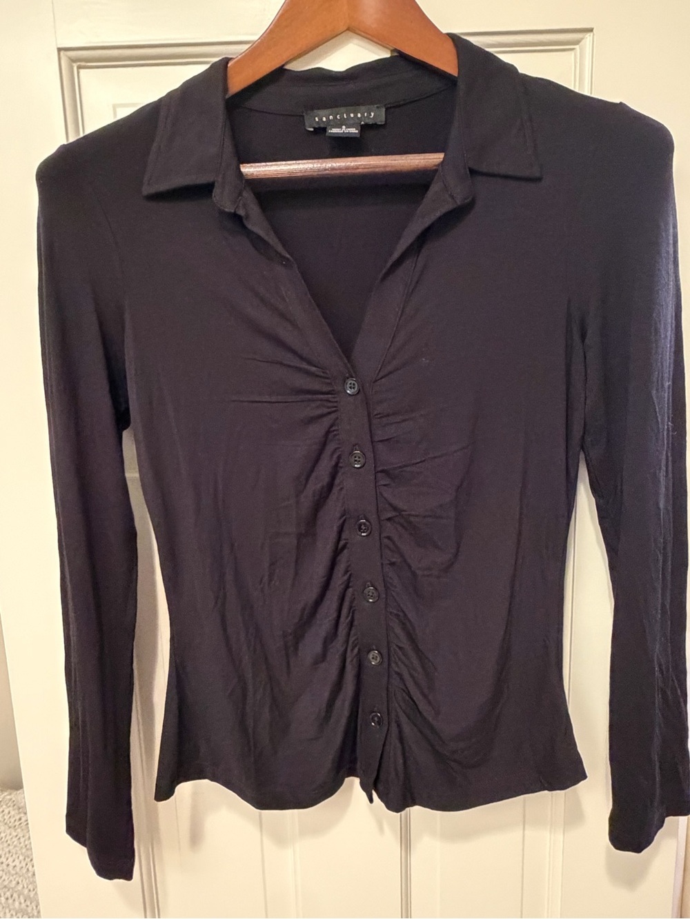 Sanctuary Black Ruched Button-Front Collared Long-Sleeve Top
